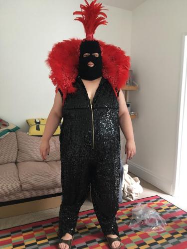 Bent Fest costume: sequins, feathers, balaclava, birkenstocks 2019