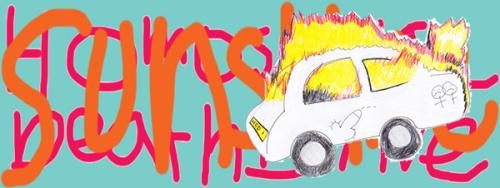 Drawing of burning car